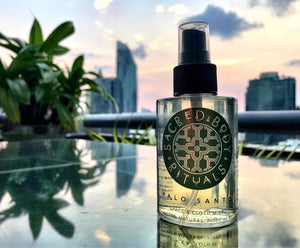 Botanical Space & Cloth Mist infused with Palo Santo oil & Thai essential oils. Perfect for clearing space, spraying on linen or on clothes. We love it before meditation or yoga too! 